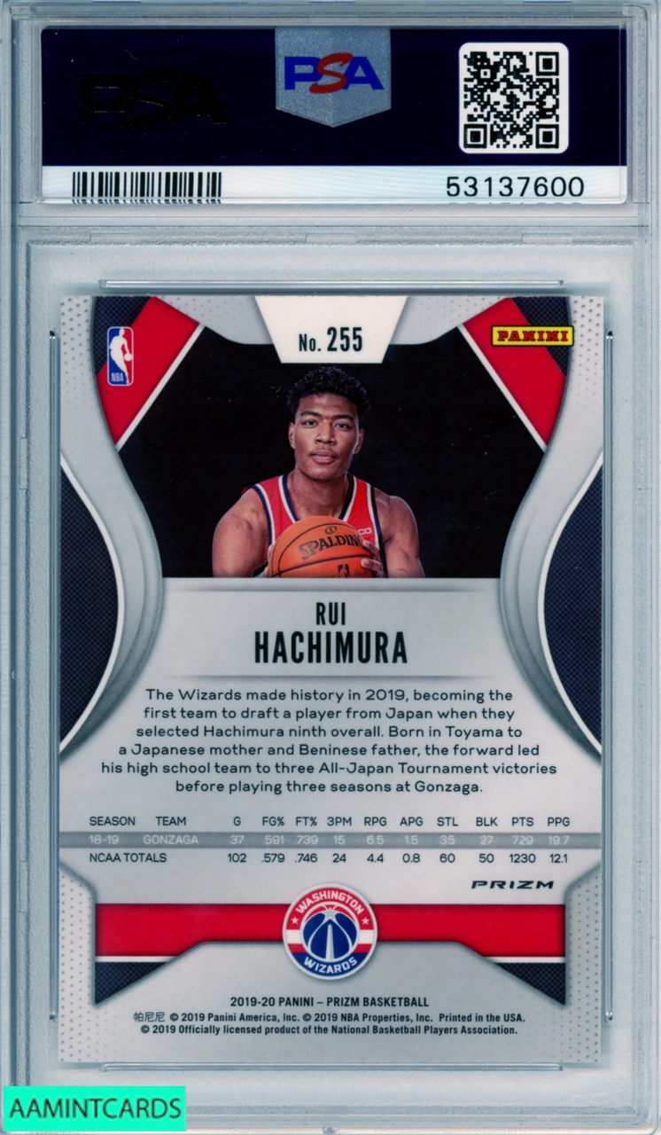 2019 PANINI PRIZM RUI HACHIMURA #255 SILVER PRIZM ROOKIE RC PSA 10 GEM MT 53137600